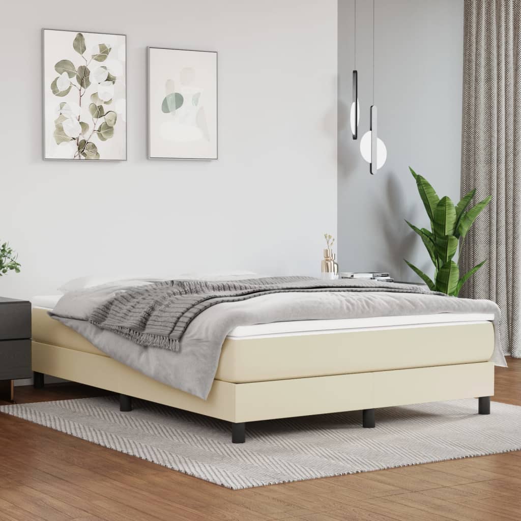 Box Spring Bed Frame Cream 140 x 190 cm Artificial Leather