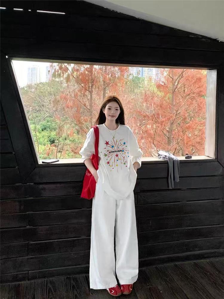 Women's Plus-Size Pure Cotton Long-Sleeve White T-Shirt - Trendy American Brand, High-Quality, Loose Fit, 2025 Autumn Collection