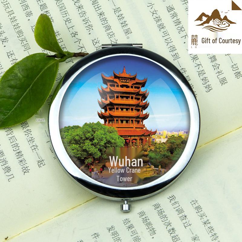 Yellow Crane Tower & Wudang Mountain Souvenir Folding Mirror - Wuhan Cultural Keepsake