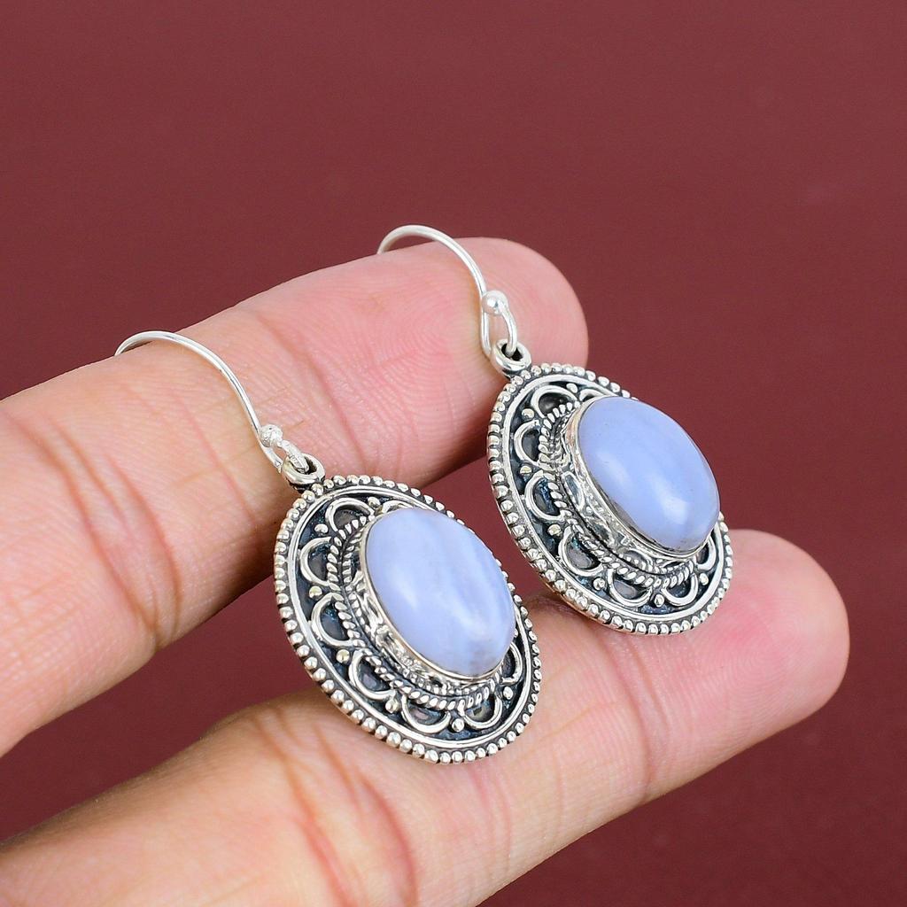 Blue Lace Agate Earrings Original Gemstone Earring Handmade Decent Jewelry 925 Sterling Silver Earrings Vintage Design Earring Gifts For Her