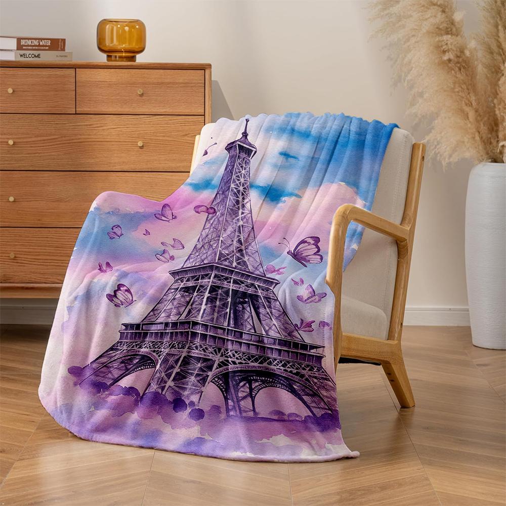 1pc Romantic Paris Eiffel Tower & Purple Butterfly Print Flannel Blanket - High-Weight Soft Warmth, Light -Friendly All-Season