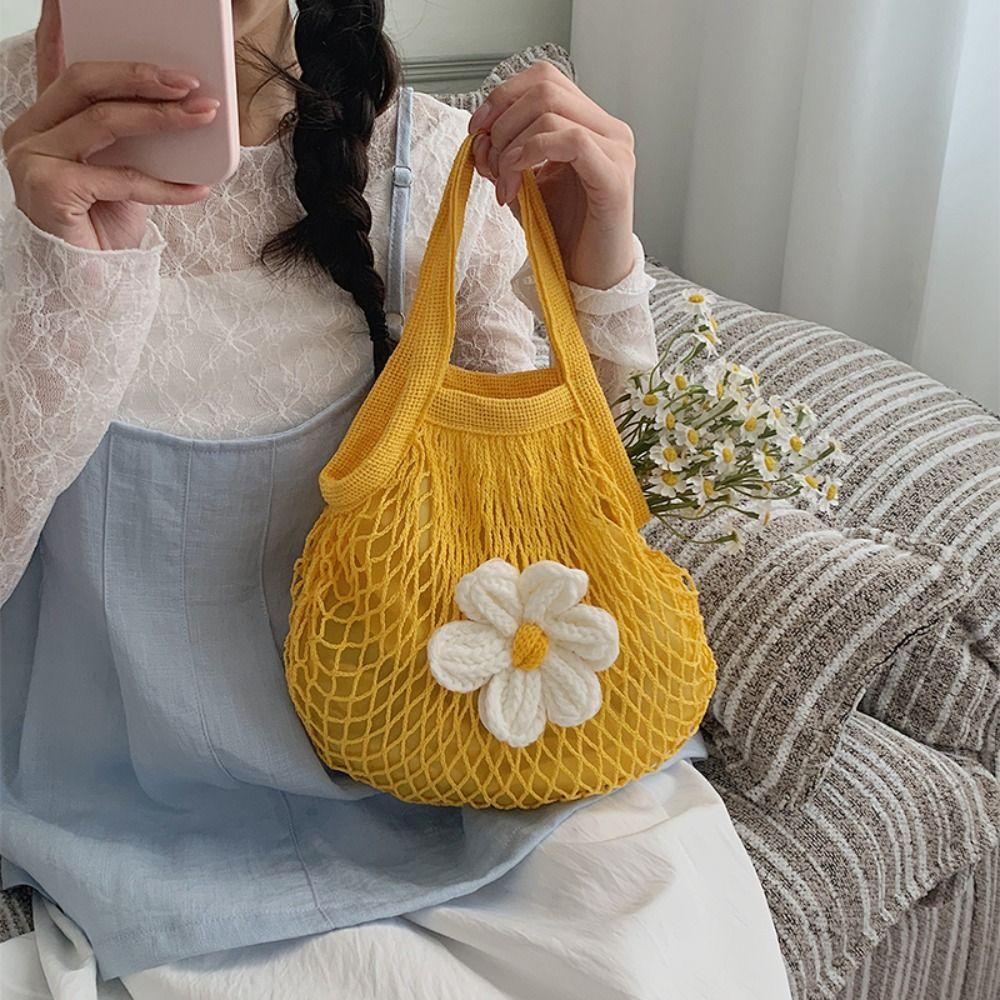 Summer Hollow Out Weave Bag Flower Beach Handbag Leisure Woven Handbag  Picnic