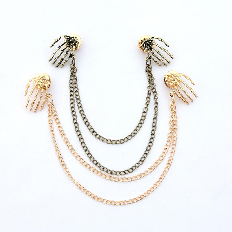 New Brooches Punk Skull Shirt Collar Pins Retro Fashion Men and Women Steampunk Charm Palm Universal Retro Chain Brooch