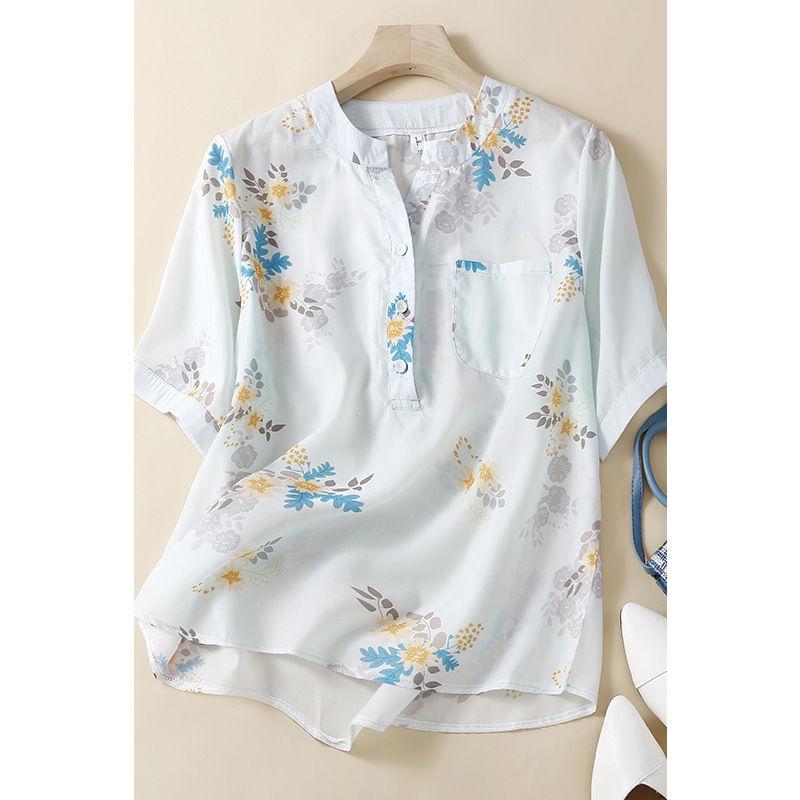 Cămăși și bluze de vară cu mânecă scurtă, largi, din ramie, casual, versatile, artistice, imprimate din bumbac și in