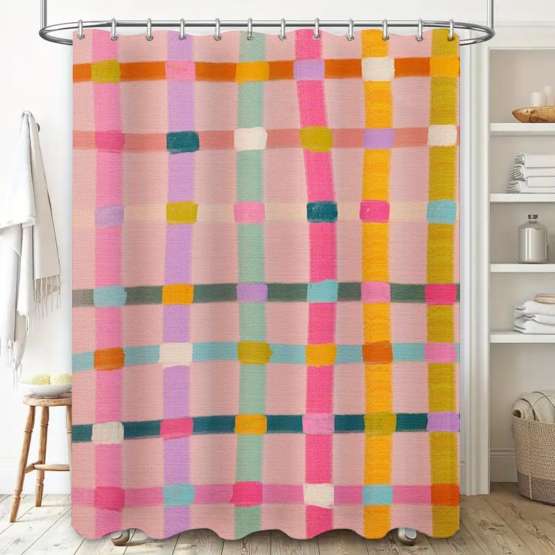 Multicolored Plaid Shower Curtain Waterproof Bath Rug Liner For Bathroom Decor Pink, Yellow, Green (180X180Cm)