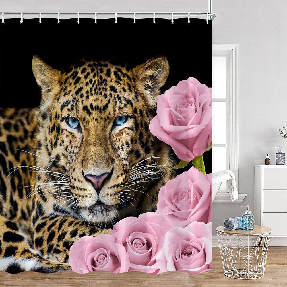Wild Animals Shower Curtains Lion Tiger Giraffe Roses Bathroom Decorations Modern Fashion Polyester Bath Curtain with Hooks