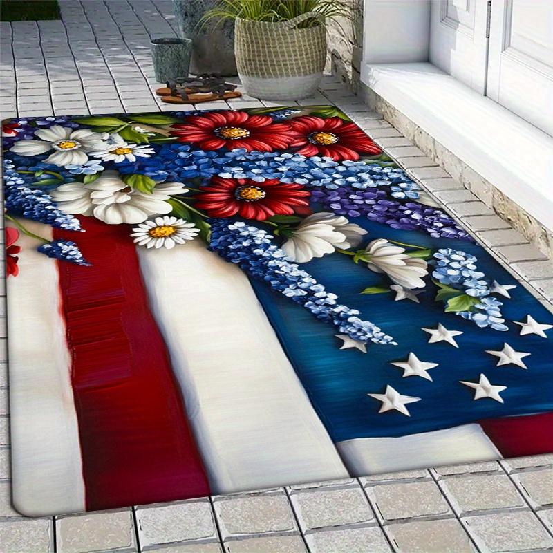 Flannel Sponge 0.47inch Thick - 1pc American Flag and Floral Pattern Kitchen Fl Mat, Non-Slip Floor Area Mat, Doormat for Entryw