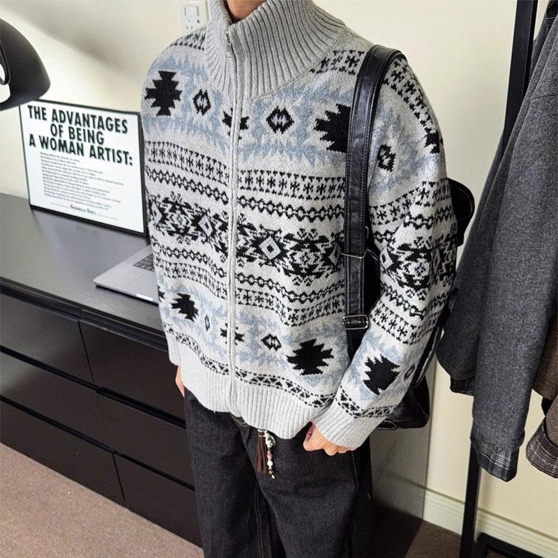 

Стильний вінтажний в язаний кардиган у стилі Fair Isle Чоловічий одяг Стійка комір Осінь Зима Блискавка Повсякденний вільний Довгий рукав Светри L сірий колір