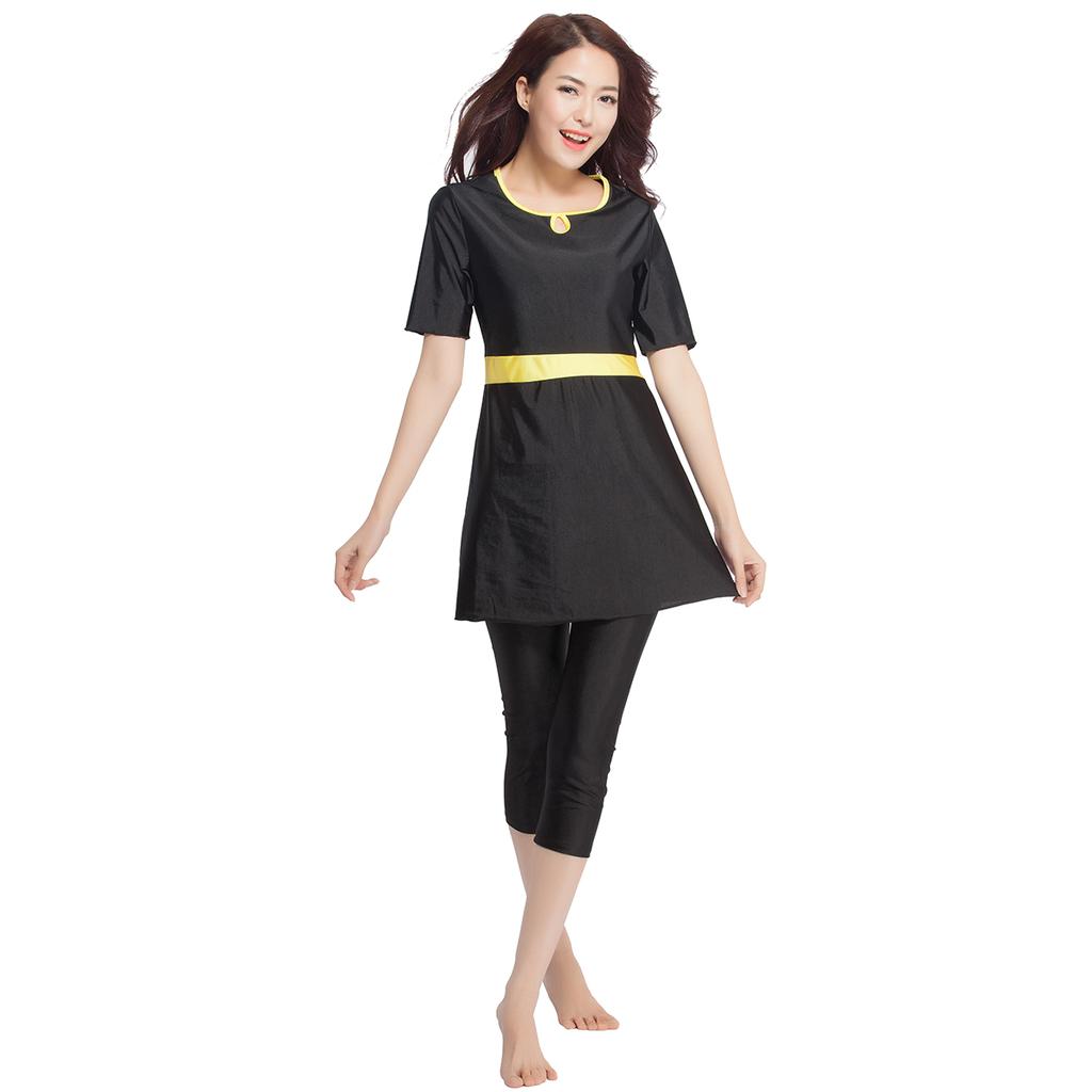 Muslimischer Badeanzug für Damen, muslimische Dame, traditionelle Kurzarm-Tops, Capri-Hosen, Damen-Patchwork, hochelastisch, islamische Strandmode, Damen-Badebekleidung