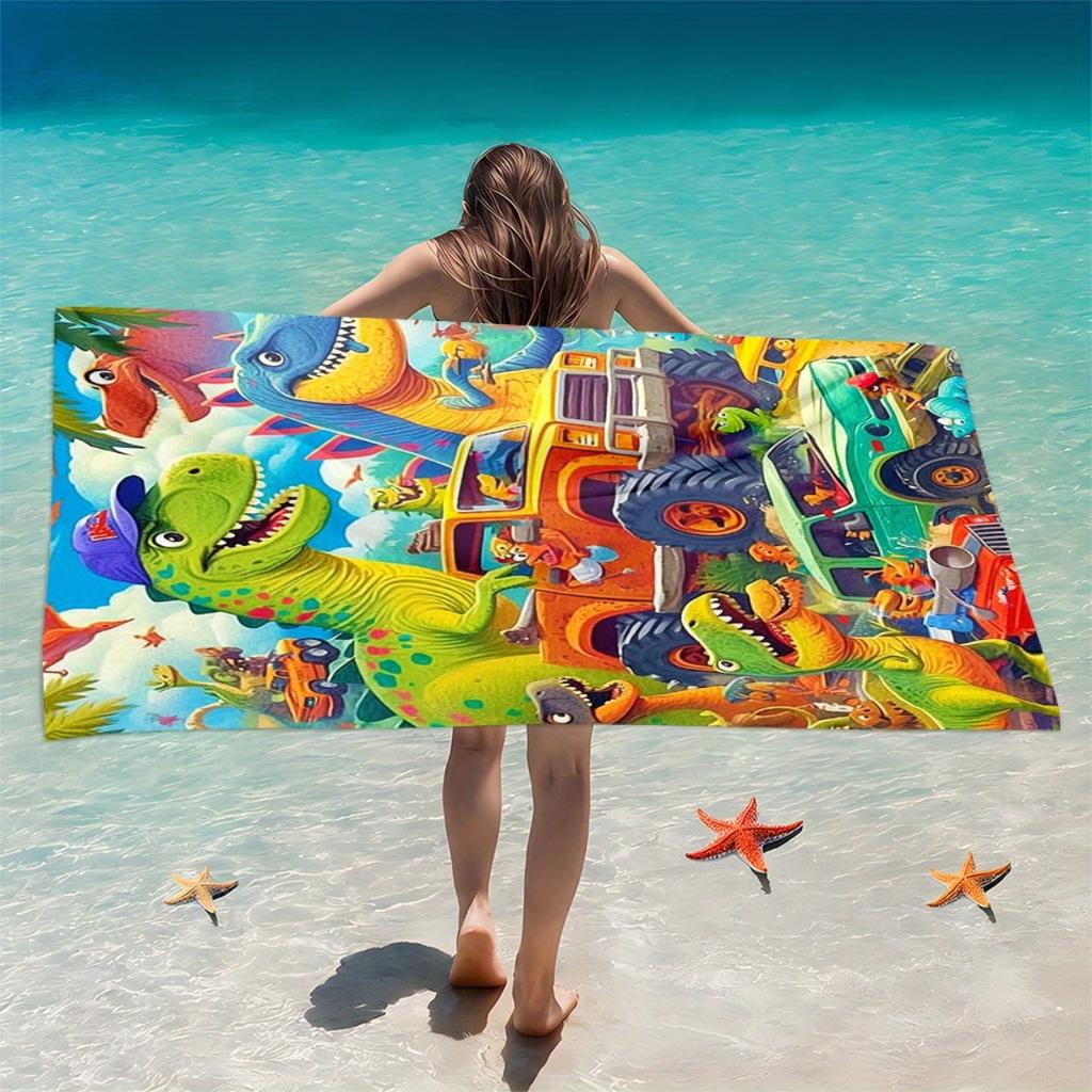 Dinosaur Monster Truck Beach Towel, Playful Graphic Art Quick-Dry Sand-Free Microfiber Bath Towel for Kids, Party and Camping
