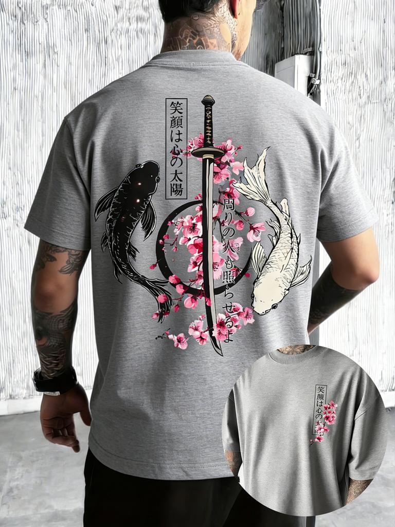 2026 New Style Mens Summer Japanese YinYang Carp Fish and Samurai Sword Pattern Loose Comfortable TShirt