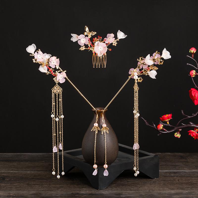 FORSEVEN Chinesisches Haaraccessoires Damen Blume Perlen Haarnadeln Lange Quaste Kopfschmuck Stäbe Haarkamm Brautschmucksets