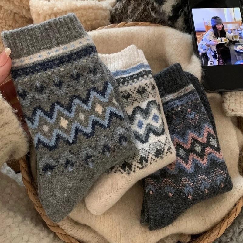 Nordic Retro Socks Medium Socks Wool Pile Socks Diamond Lattice Love Thickened Warm Socks