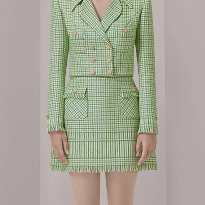 2024 Autumn/Winter Plaid Double-Breasted Short Top & A-Line Tassel Skirt Set