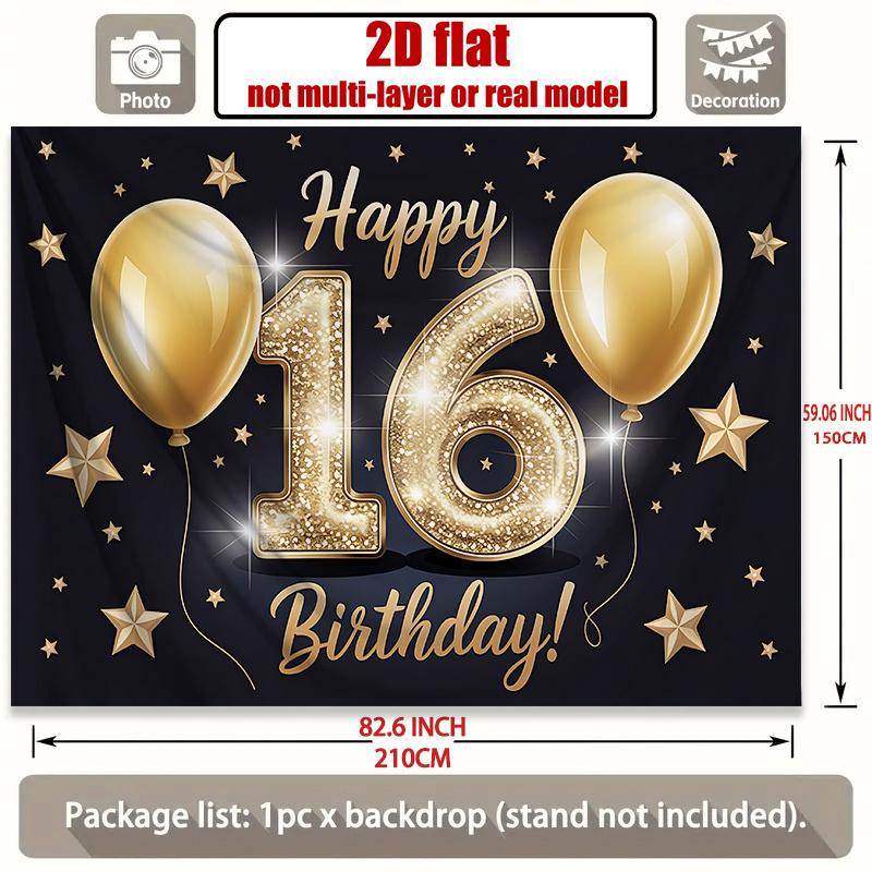 1Pcs Sweet 16 Birthday Golden Balloons Black Decoration Background Birthday Backdrop Decorations For Photo Studio Booth Party