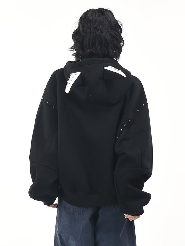 Damen Baggy Kapuzenpullover Niet-Spleißmantel Reißverschluss Strickjacke Jacke Harajuku Kleidung Herbst Winter
