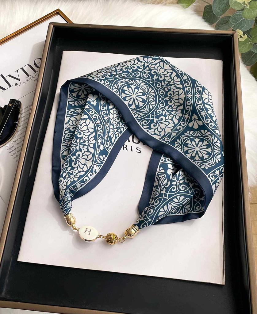 Magnetic Buckle Silk Scarf Headband Internet Celebrity New Magnetic Buckle Bracelet Small Long Women's Summer Casual Necklace Diamond Neck Band