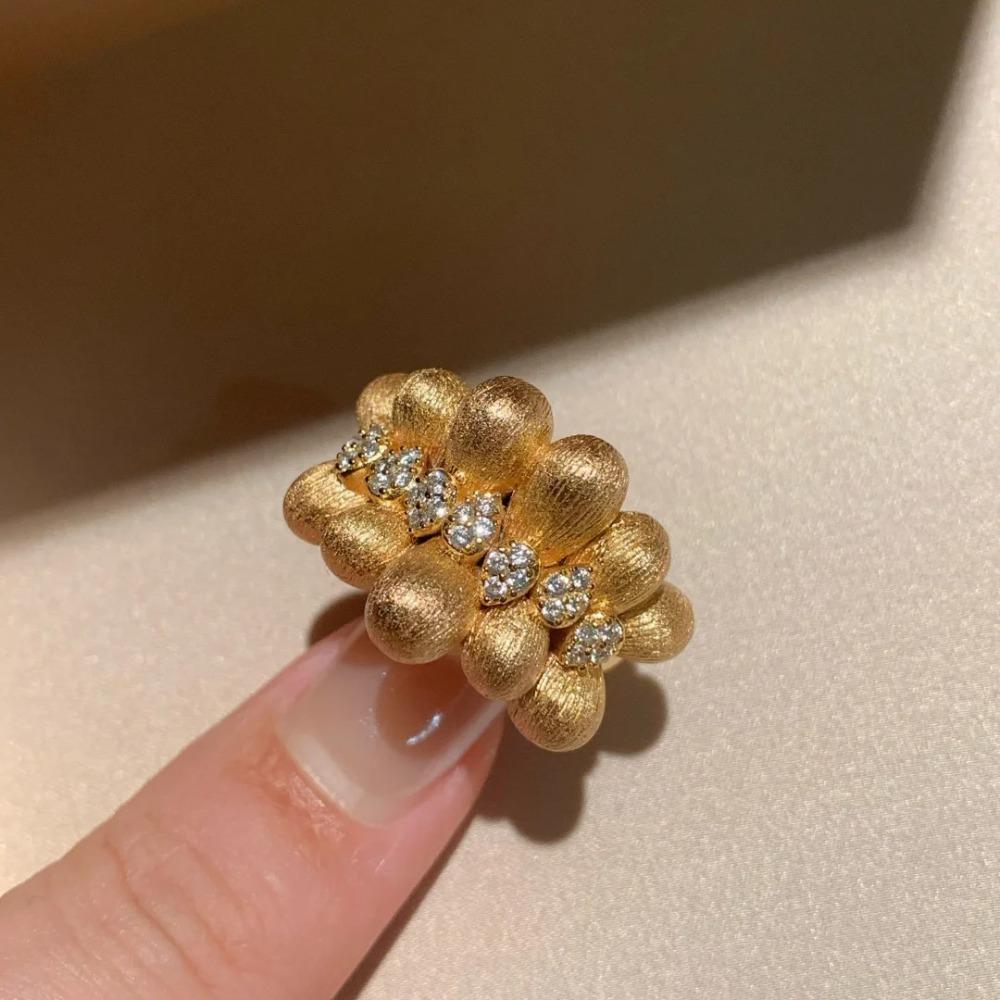 

French Vintage Handmade Ribbon Coffee Bean Ring for Women Elegant Diamond Engraved Gold Band Adjustable