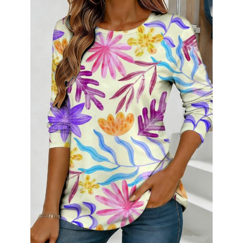 Women's purple floral print long-sleeved loose-fitting round neck top, casual everyday style with an elegant design.