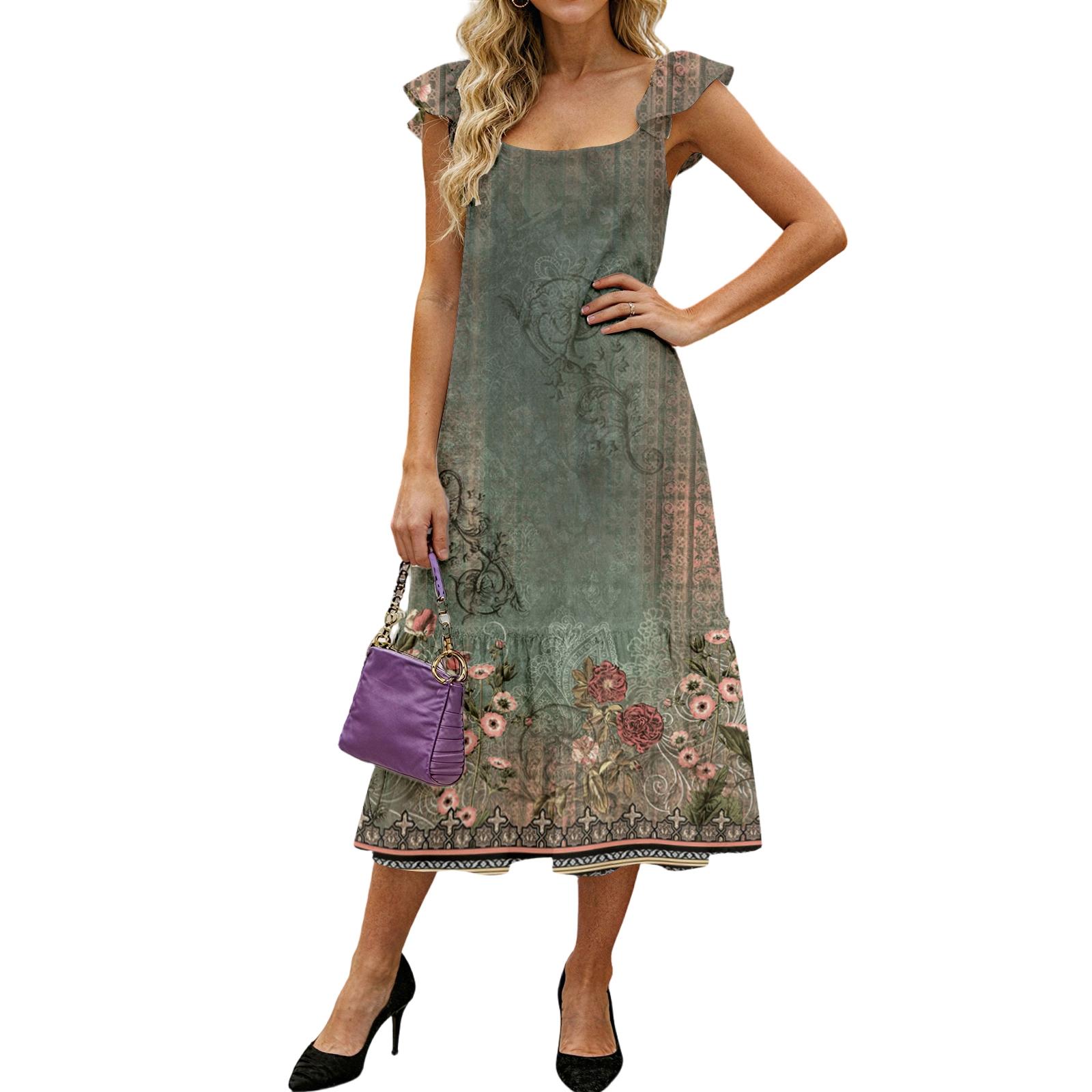 

Женское Модное Свободное Платье Средней Длины с Воланами и Летящими Рукавами Винтажный Принт L армия зеленый