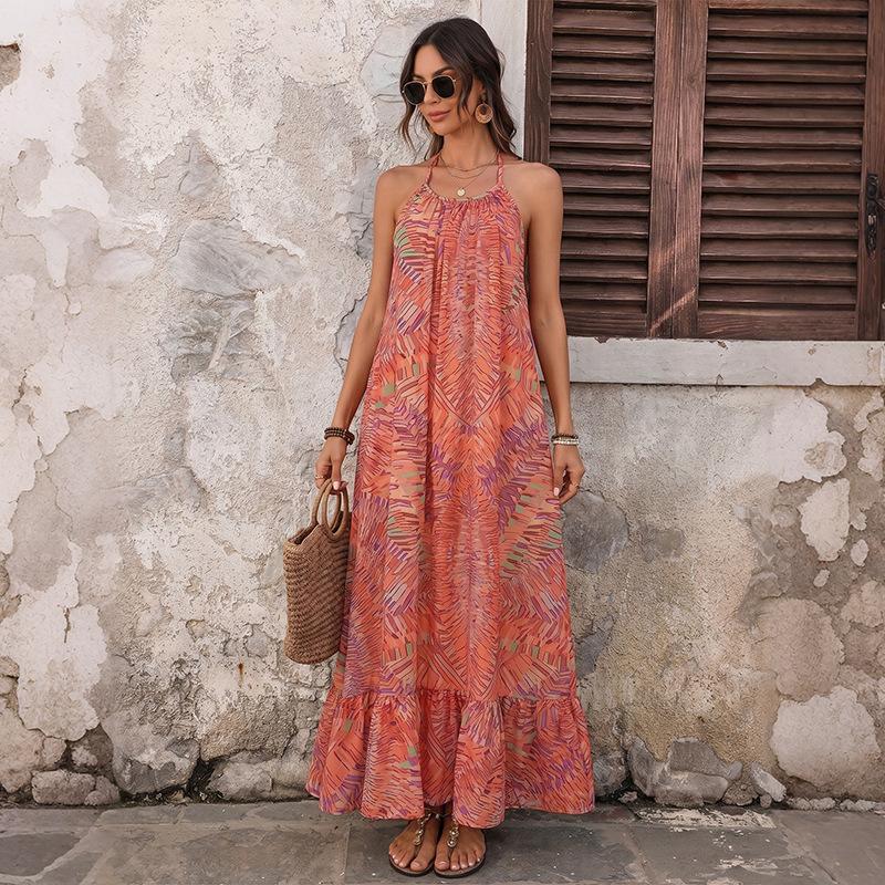 Women s Fashion Summer Spring Sleeveless Hanging Neck High Waist Casual Dresses S