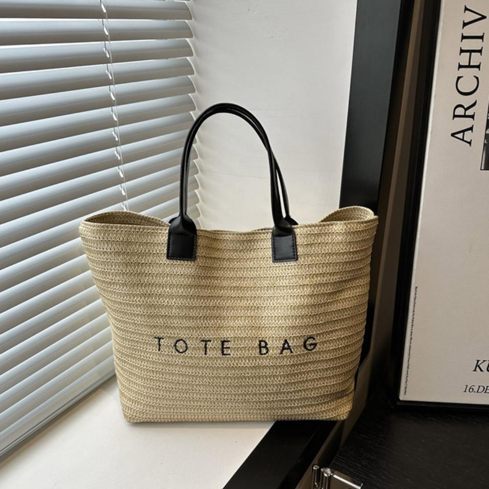 

Beach Handbag Straw Woven Bag Bucket Bag Letter Shoulder Bag Trendy Bohemian Beach Bag Summer чёрный