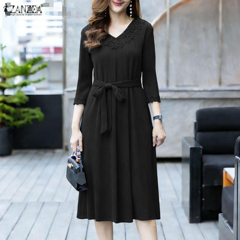 ZANZEA Abito Elegante da Donna Casual con Ricami e Inserti, Scollo a V, Manica 3/4