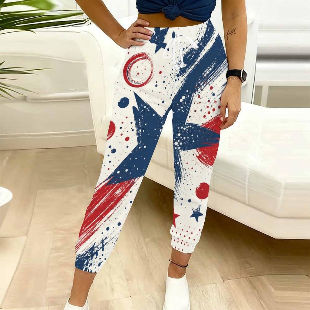 Women Plus Size American Flag Printed Jogger Pants Drawstring Waist Side Pockets Cuffed Ankle