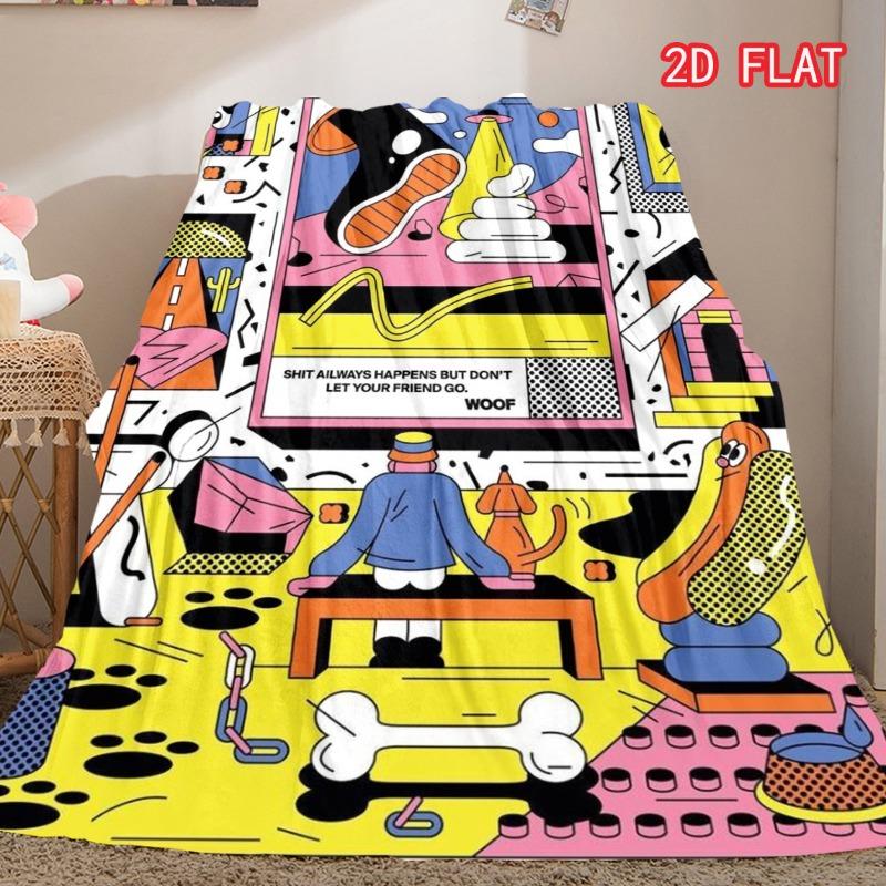 Pop Art Cartoon Dog Bone Hot Dog Colorful Graffiti Quote Print Soft Flannel Throw Blanket Lightweight Warm Sofa Couch Bed Home Decor Cover