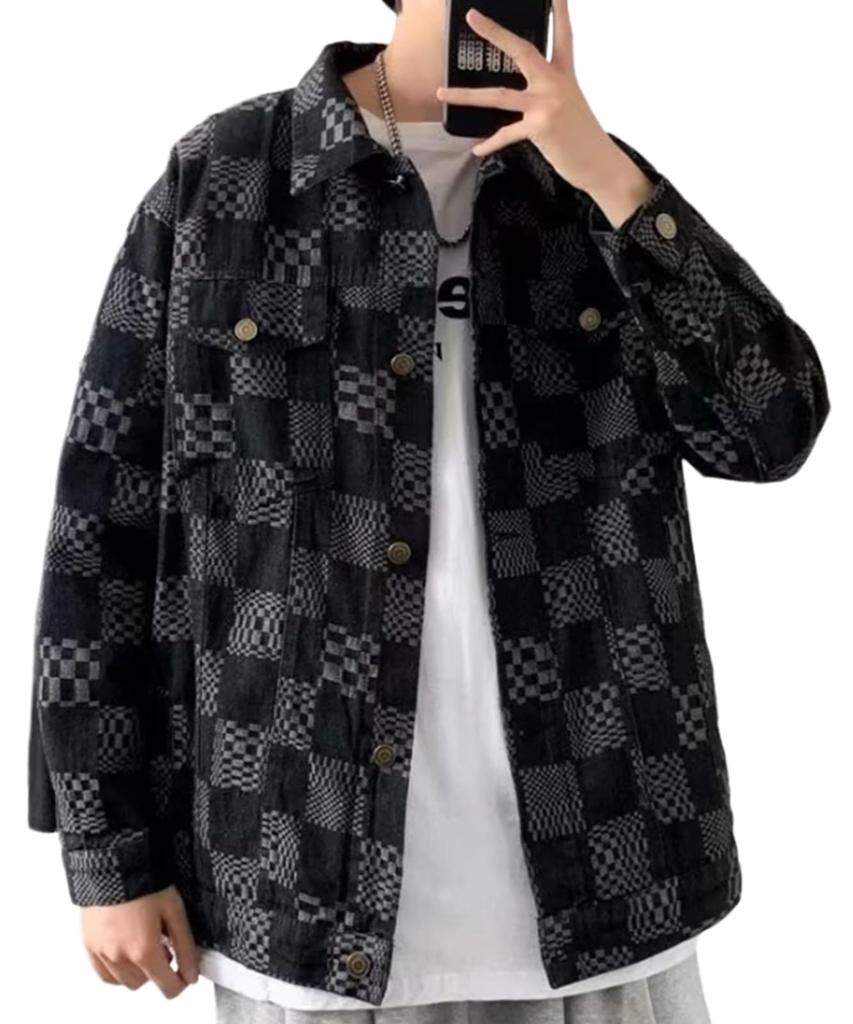Denim Checkered with with Checkered Winter Xl Loose Hip Hop Big Brother Long Chest [Blanc Blanc] Jacket, Blouson, Pattern, Outerwear, Collar, Pockets,