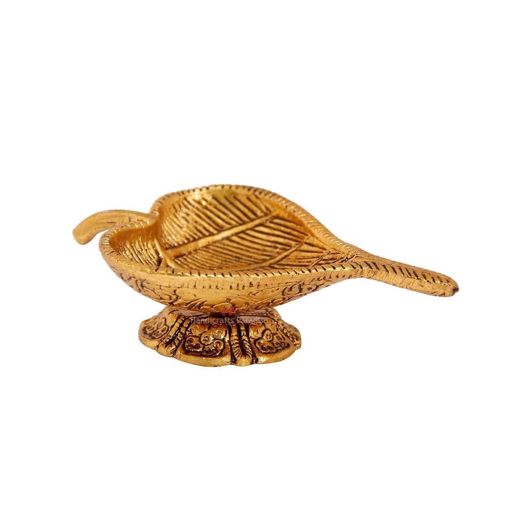 Leaf Shaped Diya In Metal Antique Golden 5.5 X 3 X 1.75 Inch