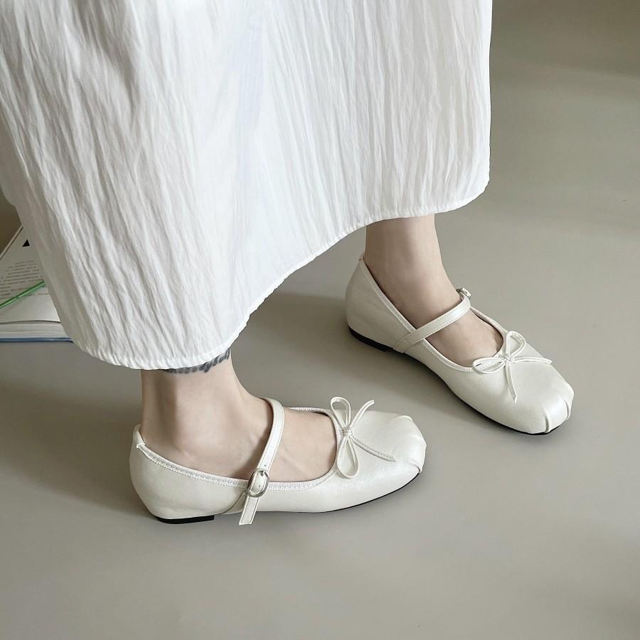 Bow Silver Mary Jane Single Shoes Women's 2025 Summer New French Flat Bottom Round Head Light Mouth One-word Ballet Shoes