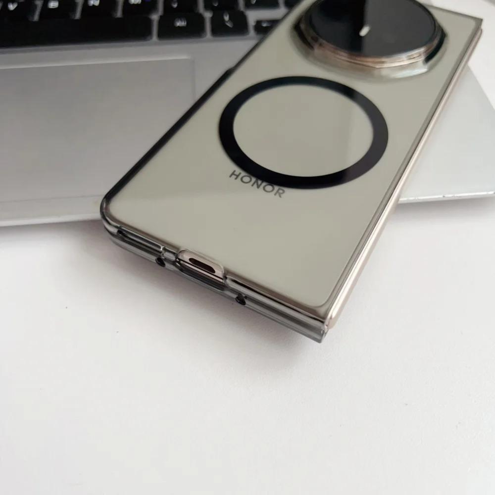 Przezroczyste i Półprzezroczyste Magnetyczne Pierścień Adsorpcyjny Etui na Telefon dla Honor Magic V5 V3 Wszechstronna Ochrona Aparatu Tylna Pokrywa