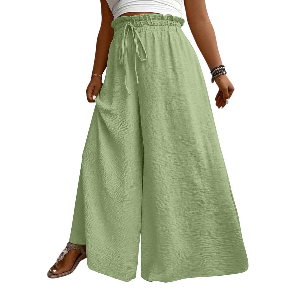 Women High Waist Wide Leg Palazzo Pants Drawstring Elastic Waist Loose Fit Flowy Long Trousers with Pockets for Casual Daily Wear