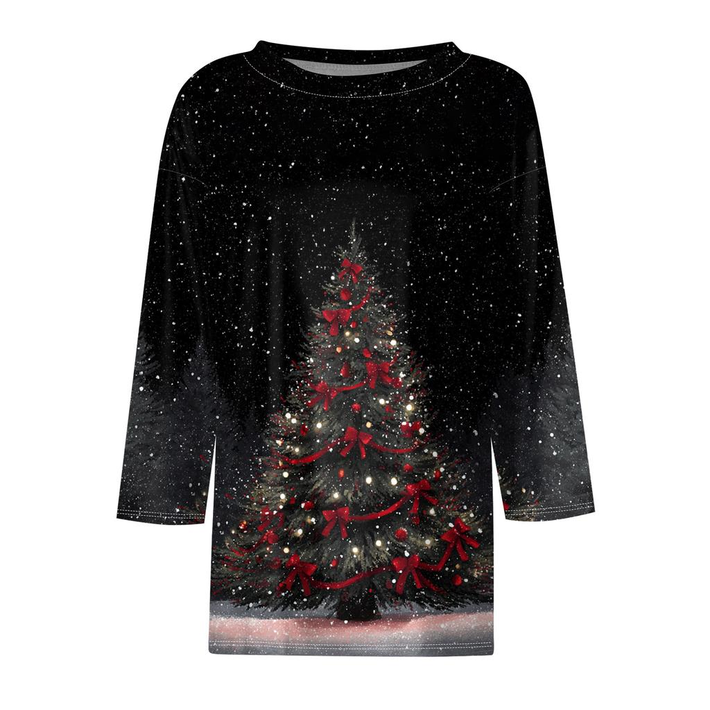 Dámská módní ležérní tříčtvrteční rukáv Vánoční potisk Krk Top