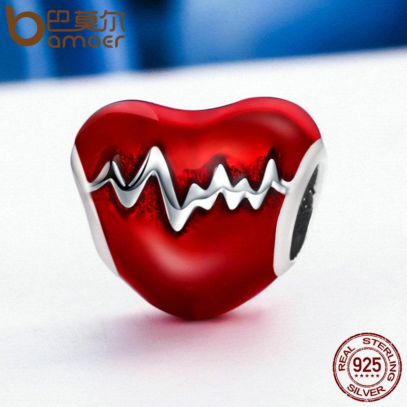 BAMOER New Arrival 100% 925 Silver Love Heart ECG & Red Enamel Beads Fit Charm Bracelets for Women Jewelry Gift SCC249