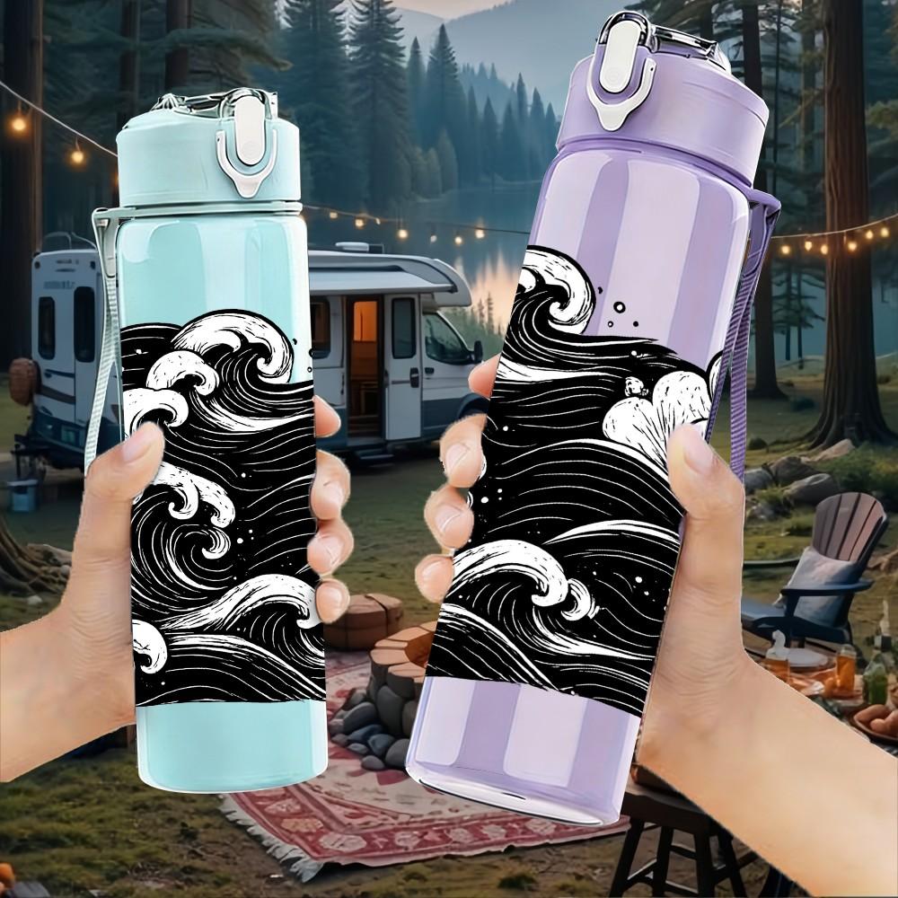 1PC Black White Ocean Wave Art Print 750ml Color Plastic Sports Water Bottle Leakproof Flip Straw Lid Suitable for Sports Office Home Use