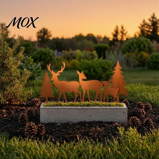 Rust Colored Iron Silhouette 5Pcs/Set Forest Deers Garden Stakes, Rusty Christmas Tree Elk Family Metal Stakes Outdoor Yard Art Ornaments for