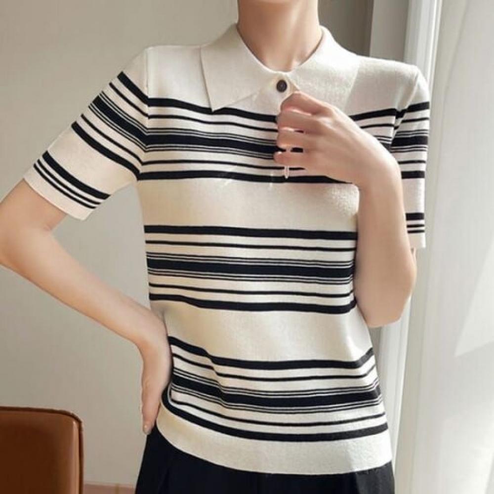 Navava Daily Stripe Collar Half Sleeve Knit Tee Nk2947