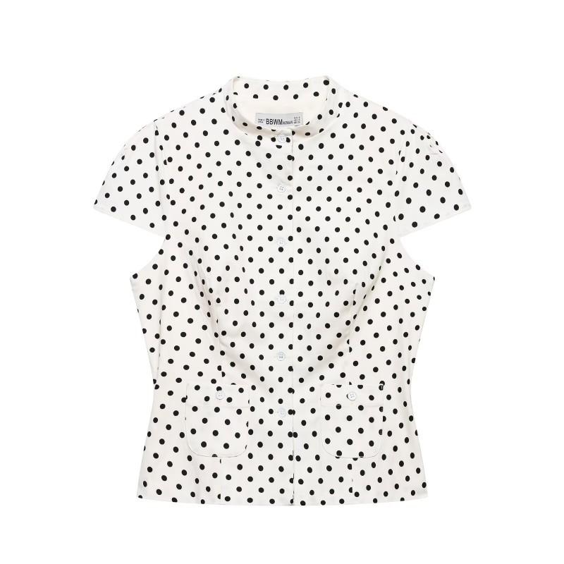 2026 Womens Street Fashion Polka Dot Pocket Cotton Short Sleeve Shirt
