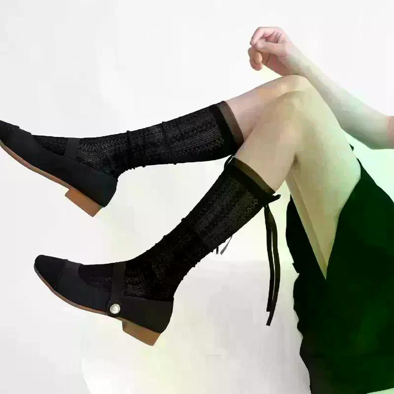 Summer Calf Length Ballet Socks For Women Lightweight Mesh With Bow Lace Cool Slouch Socks For Outdoor Or Indoor
