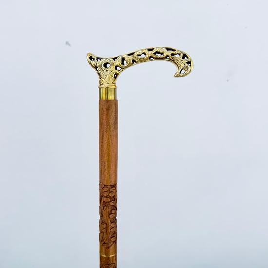 91.44 Cm Victorian Engraved Royal Walking Stick, Brass Flower Head with Wooden Engraved Walking Cane, Gifts For Him, Christmas Gift