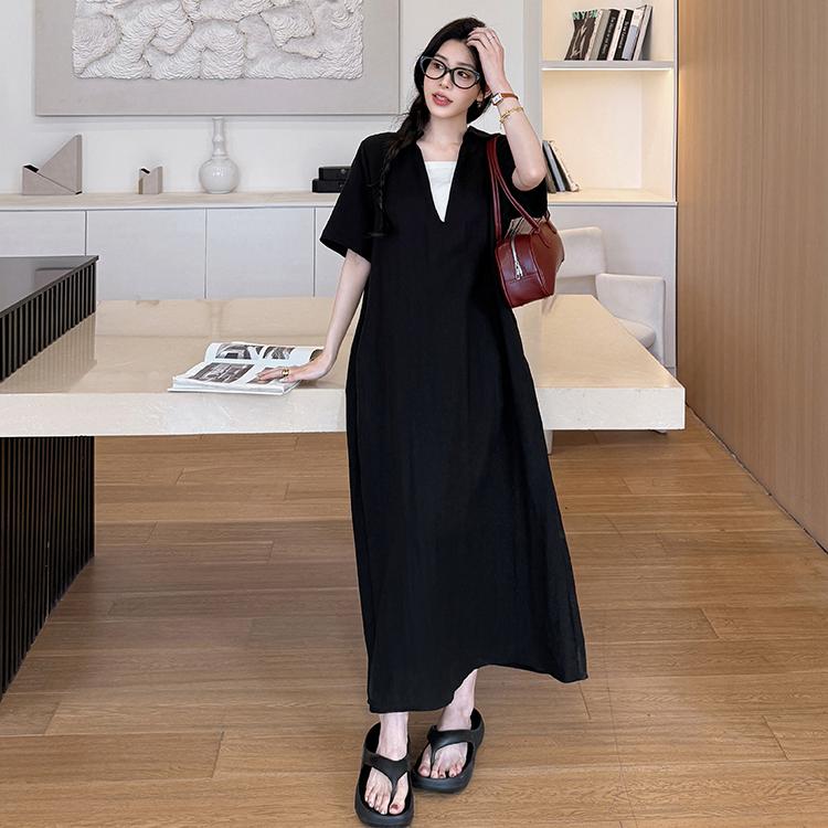 DIMANAF 2026 Plus Size New Black Dress Summer Women Shirt Dress Loose Beach Casual Long Dresses V-Neck Elegant