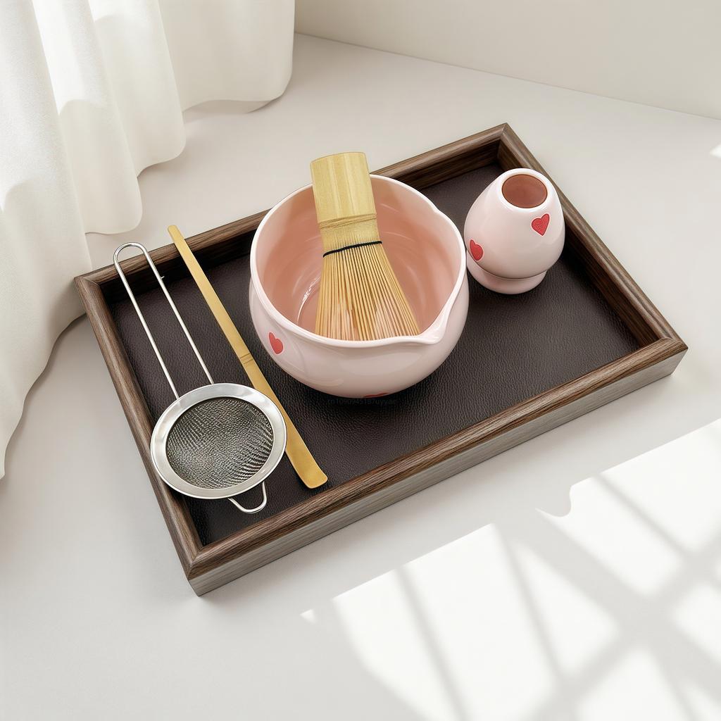 5/6pcs Pink Heart Decal Ceramic Matcha Set, Cute Matcha Set Includes Matcha Bowl, Matcha Whisk and Holder, Bamboo Scoop, Sifter