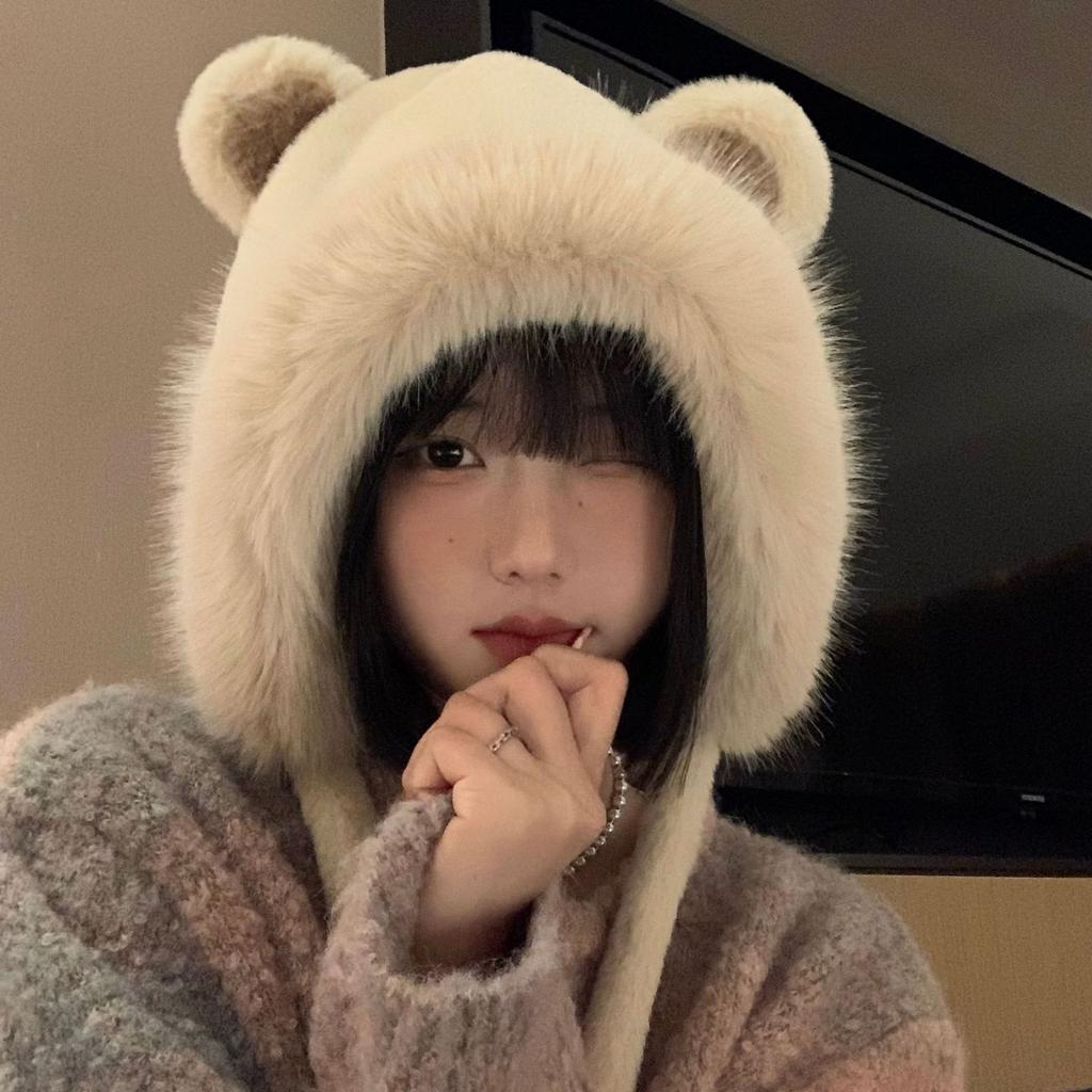 Korean Cute Bear Ear Pullover Hat for Women In Autumn and Winter Hat Plush Hat Plush Hat Thickened Outdoor Cold Protection Ear Protection Hat