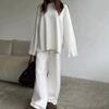 Womens Solid Color Crew Neck Knit Sweater Wide Leg Pants Set Casual Outfit