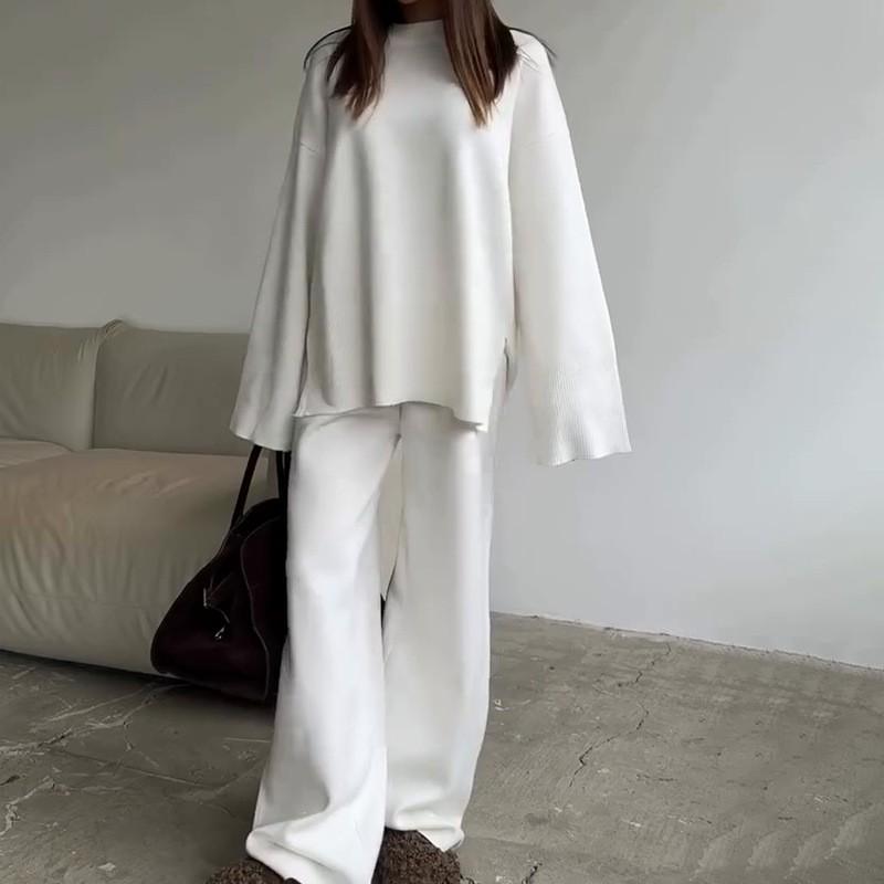 Womens Solid Color Crew Neck Knit Sweater Wide Leg Pants Set Casual Outfit