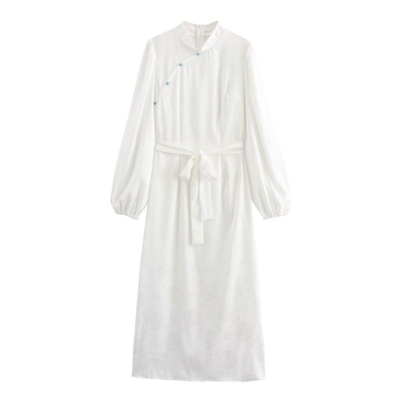 Kaslead New Arrival Women's Fashion Style Buckle Stand-up Collar Slim Fit Puff Sleeves Shoelace Women's Dress