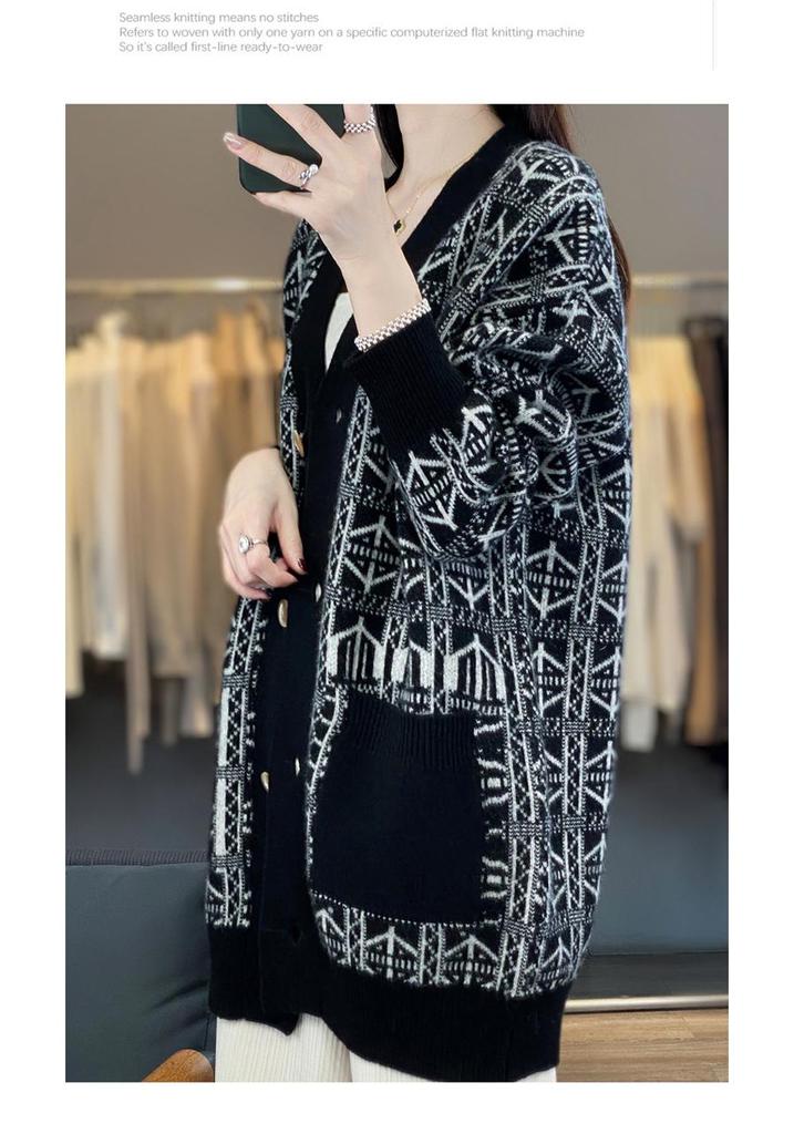 Women's Color Block Wool Cardigan Coat with Pockets