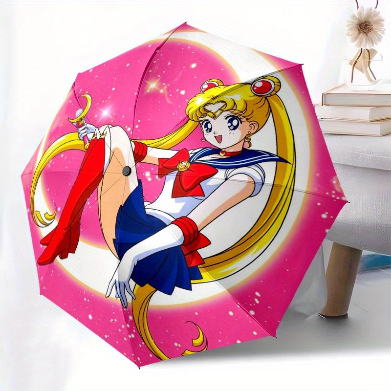Sailor Moon Crescent Moon Pink Background StickerUmbrella, Portable 3-Fold Compact Umbrella for Men & Women Gift